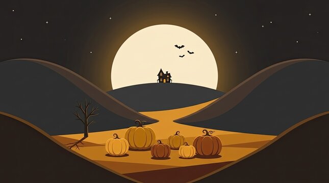 Spooky halloween landscape featuring a haunted house on a hill under a large glowing full moon