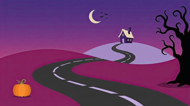 A spooky halloween landscape featuring a winding road leading to a haunted house under a crescent moon
