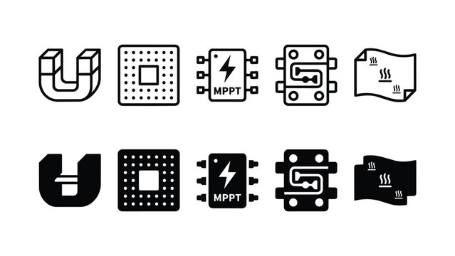 Thermoelectric Generator Line and Solid Icon Pack For Power | TEG, Waste Heat, Heat Recovery and Power - Minimal and Editable Vector Icon Set