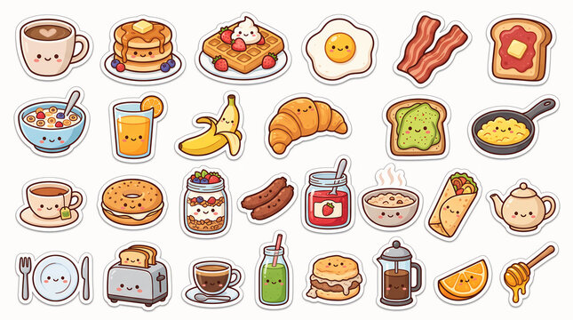A collection of colorful vector illustrations depicts various breakfast foods and beverages with cheerful faces food kawaii cartoon morning meal cuisine delicious