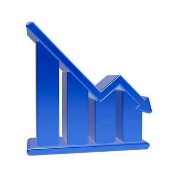 A glossy blue 3d bar chart with a downward trending arrow indicating financial loss or market decline on a black background