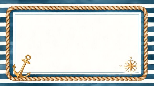 Nautical border with rope, anchor, and compass rose on striped background