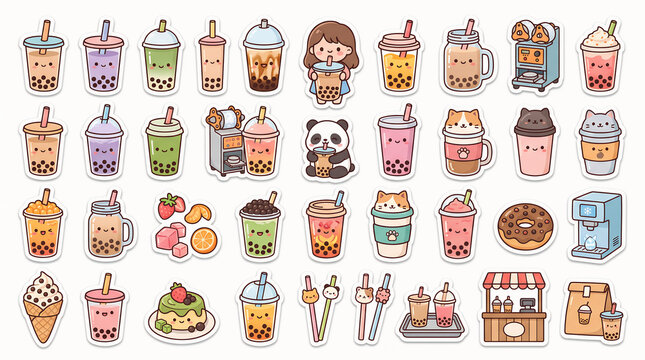 An assortment of bubble tea drinks cute animal faces and dessert illustrations presents a colorful vector pattern boba teacup beverage sweet drink