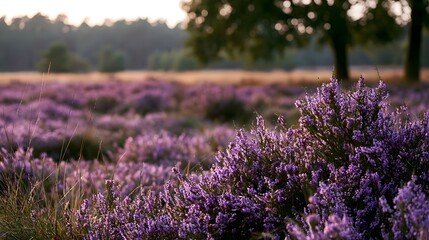 Obraz premium A field of purple heather blooms under warm golden sunlight with trees in soft focus in the background