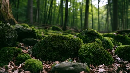 Fototapeta premium Moss covered rocks rest on a forest floor beneath tall trees surrounded by fallen leaves and soft natural light