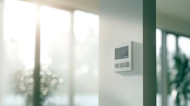 Modern smart home thermostat mounted on textured wall beside large with soft natural light filtering through
