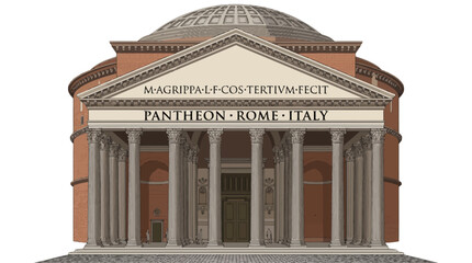 Obraz premium Very beautiful realistic vector of Pantheon, Rome, Italy, featuring monumental columns, classical Roman facade, massive dome, historic architectural details, PANTHEON • ROME • ITALY, isolated on white