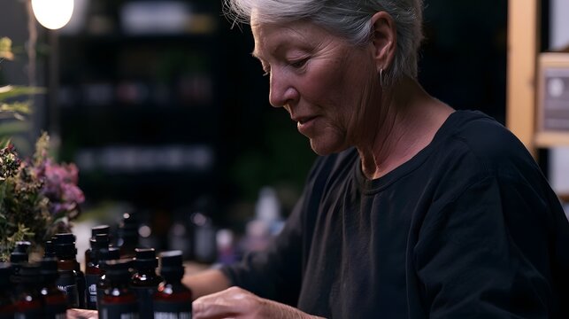 An older woman with gray hair focuses on labeling small amber bottles in a softly lit workspace with plants nearby