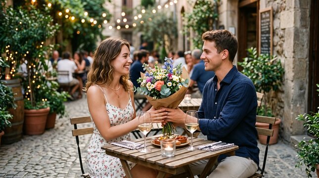 Young couple enjoying a romantic outdoor dinner date with a bouquet of flowers and wine