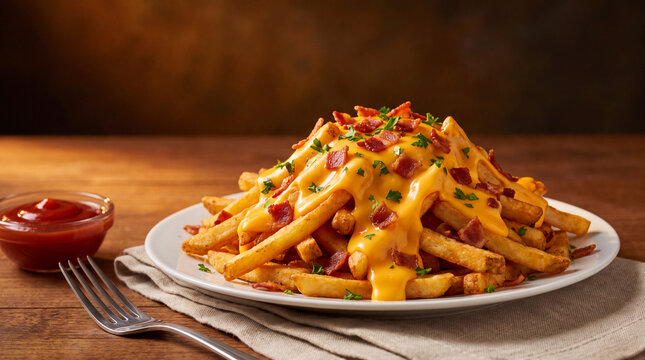 Volcano Cheese Fries with Melty Cheddar Lava, Viral Snackification Trend, Low Angle Side View, Copy Space