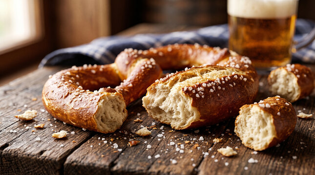 oktoberfest traditional broken salted bavarian pretzel on rustic wooden table with beer