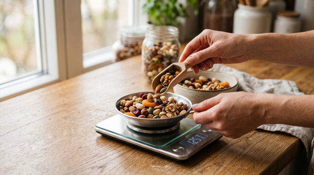 Person measuring a mix of nuts and dried fruits on a digital scale for healthy eating