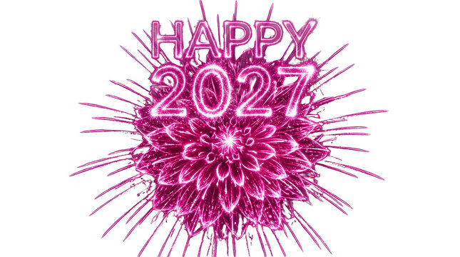 A bright pink glowing happy 2027 text design with a floral firework effect displayed as an isolated object on a isolated on transparent background