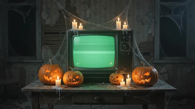 Vintage television screen flickering amidst glowing halloween pumpkins