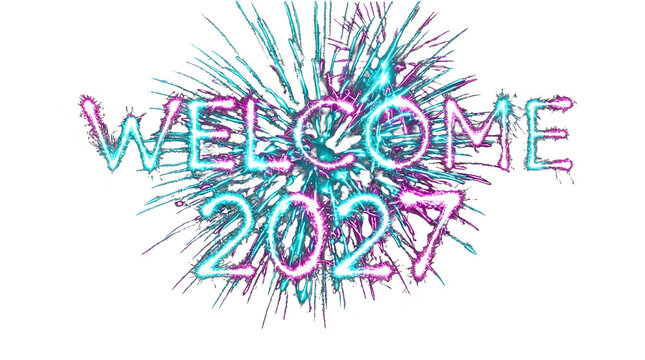 Bright neon glowing text design saying welcome 2027 with colorful firework burst effect for new year celebration graphics isolated on a clear transparent background