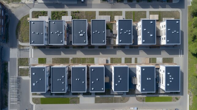 Modern Row Houses &mdash; New homes with flat EPDM roofs appear from an elevated angle on a sunny summer day, highlighting their clean forms and cohesive contemporary design.
