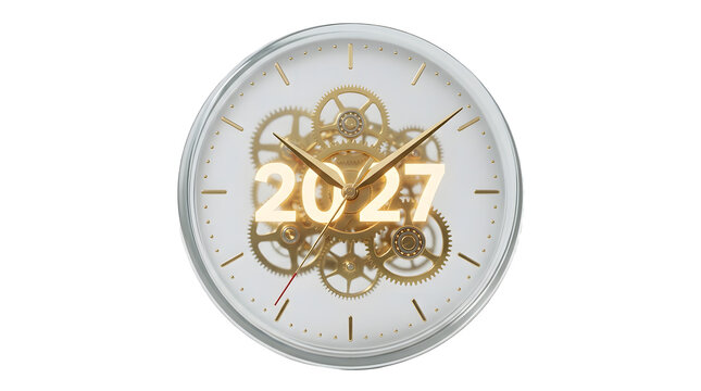 A highly detailed clock face displays the year two thousand twenty seven with beautiful intricate golden gears and hands on a transparent background