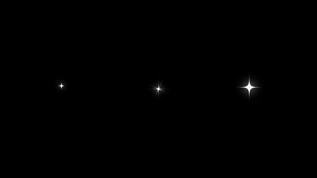 Sparkling star twinkle glitter white cartoon doodle animation, flat vector blinking shining light twinkling effect glowing on black screen background, starry sky 4K.