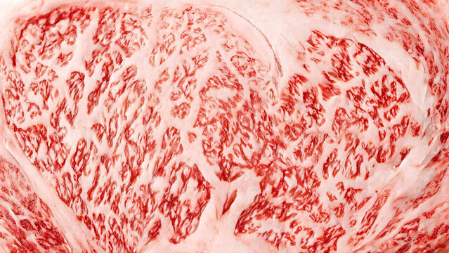 Extreme macro close-up of Japanese A5 wagyu beef showing dense fine pink snowflake marbling pattern with white fat veins across raw red meat texture.