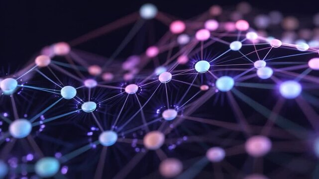 Abstract glowing nodes and lines in neon style on dark backdrop, concept of digital connection and network technology