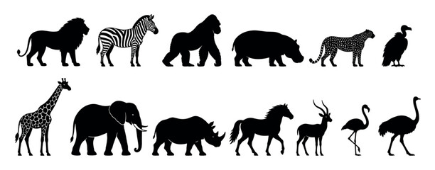 Naklejka premium Black silhouettes of African wild animals including lion, zebra, gorilla, hippopotamus, cheetah, giraffe, elephant, rhinoceros, antelope, flamingo, and ostrich