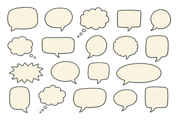 Fototapeta premium Hand drawn speech bubbles and thought clouds featuring a variety of shapes like circles, rectangles, and starbursts for comic books, dialogue, and graphic design elements