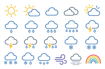 Fototapeta premium Weather forecast icons set with sun cloud rain lightning snow wind fog and rainbow symbols for meteorological application design