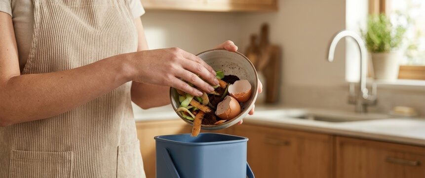Person in ribbed apron composting kitchen food scraps