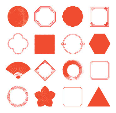 Red traditional Chinese frames and shapes featuring oriental borders, decorative elements, and cultural design patterns for festive lunar new year decorations