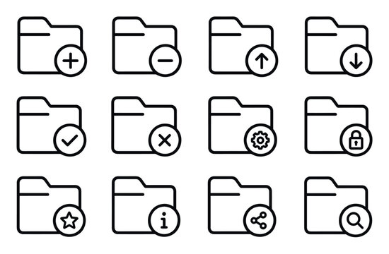 Folder line icons for document management system featuring various symbols like add, delete, upload, download, lock, settings, search, and share for user interface design