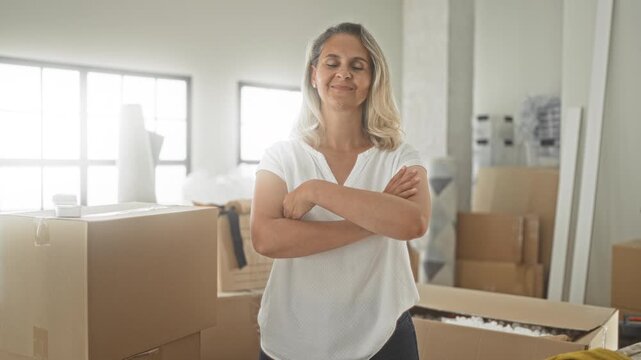 Woman standing amid cardboard boxes with crossed arms, packing tape and bubblewrap visible in a building storage room, smiling; confidence.
