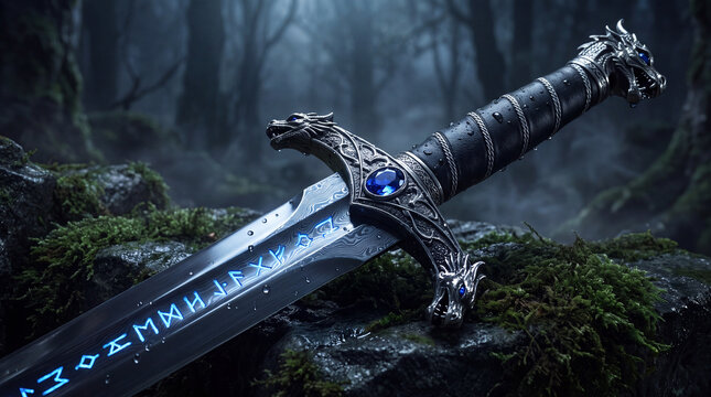 An exquisitely crafted sword featuring ornate designs and mystical elements, reflecting a fantasy theme and the artistry behind weapon creation for role-playing or d&eacute;cor.