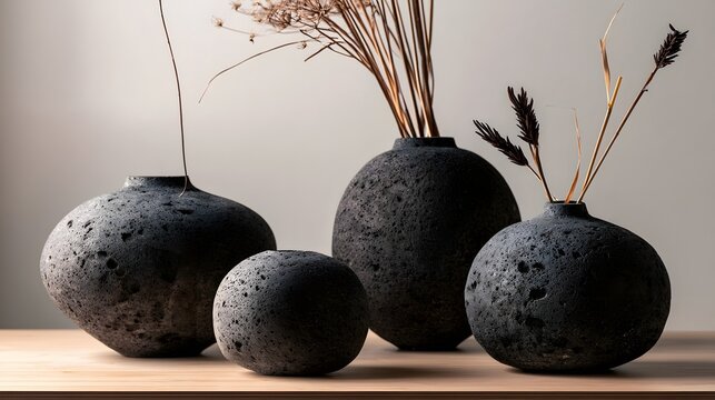 Four textured volcanic stone vases arranged on wooden surface holding dried plant stems against neutral background