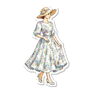 Woman wearing vintage dress and wide-brimmed hat walking halftone vect