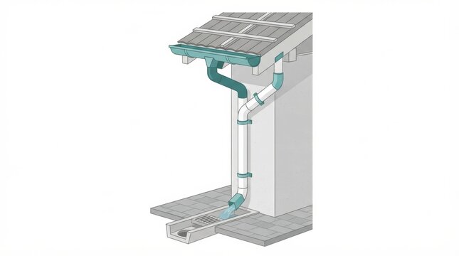 The image shows a rainwater gutter downpipe connected to a drainage system for a house. The setup includes a septic tank for wastewater.