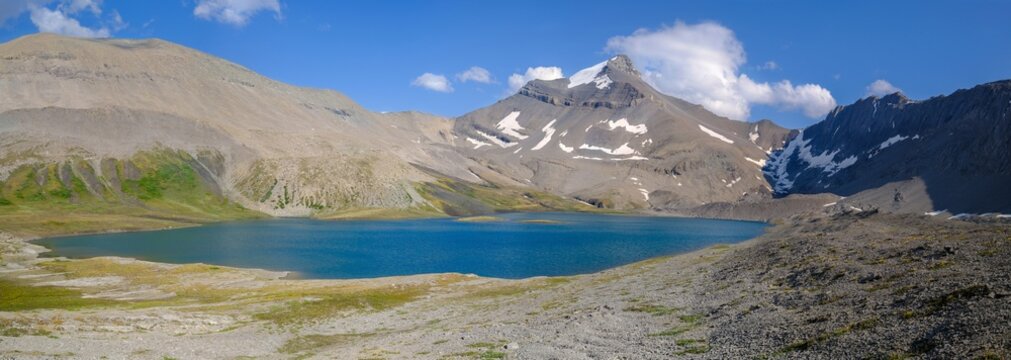 Beautiful Blue Wilcox Lake, Secluded Alpine Valley Panoramic Landscape.  Nigel Mountain Peak, Summertime Hiking Jasper National Park, Canadian Rockies