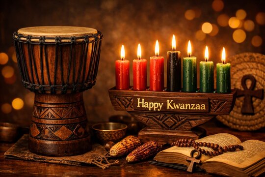 Kwanzaa kinara with seven lit candles and traditional drum on wooden table for holiday celebration background and cultural decor