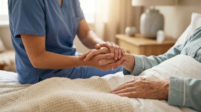 Caregiver comforting elderly patient by holding hands in bedroom