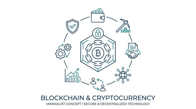 Blockchain and cryptocurrency concept with digital network connections and security elements