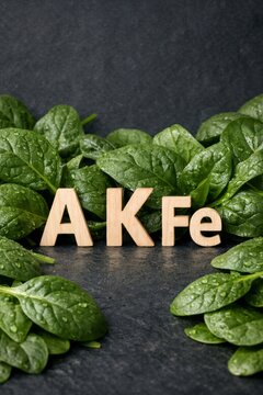 Fresh spinach leaves with wooden letters a k fe highlighting iron and vitamins for health and nutrition concept background and wellness design