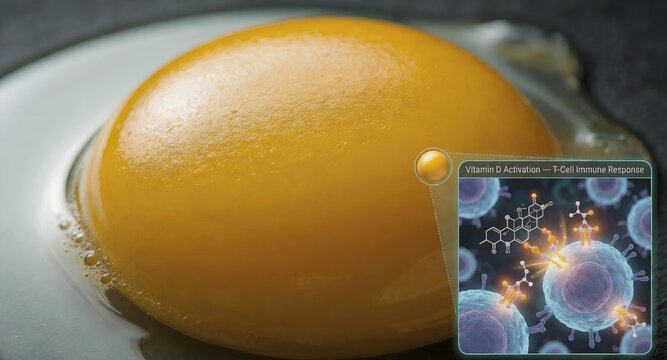 Nutritional science image of a golden egg yolk featuring a magnified medical inset depicting vitamin d activating human immune cells and T lymphocytes for defense