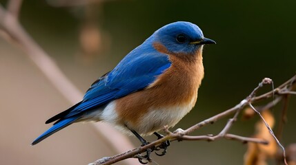 Naklejka premium A vibrant bluebird with orange breast perched on a bare branch captured in soft natural light against a blurred background