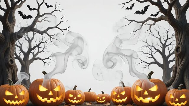 Jack o lanterns glowing with rising mist in spooky forest