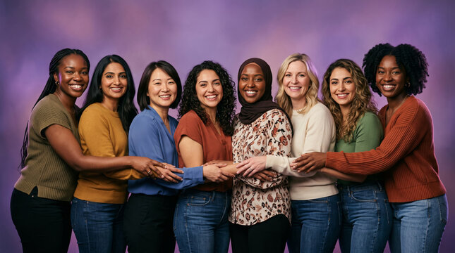 Diverse group of women of different ethnicities and ages standing together in unity