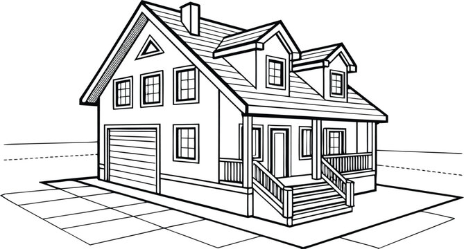 Black and white line of a residential house with a garage home