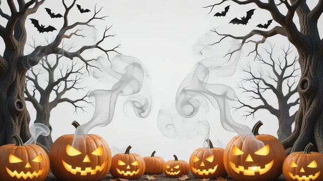 Halloween pumpkins glowing amidst rising smoke and flying bats