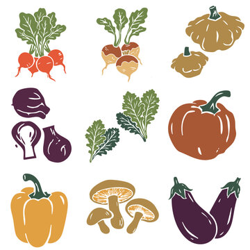Set de hortalizas con rabanos, nabos, calabazas, cebollas, lechuga, pimiento, setas, hongos, berenjena. Estilo ilustraci&oacute;n color plano linograbado. 