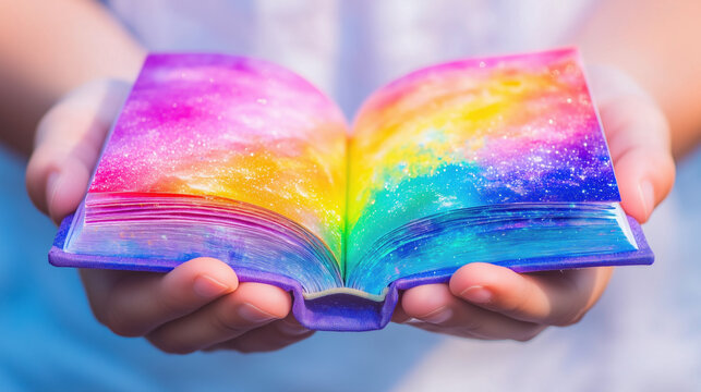 Child hands holding an open book with glowing colorful rainbow space pages.