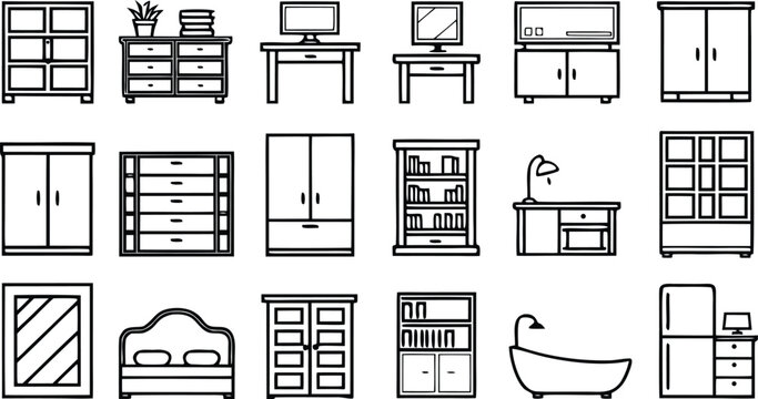 Collection of black and white line of household furniture interior