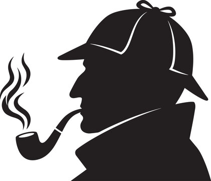 Black silhouette of a classic detective wearing a deerstalker hat and smoking a pipe with rising smoke curls on a white background